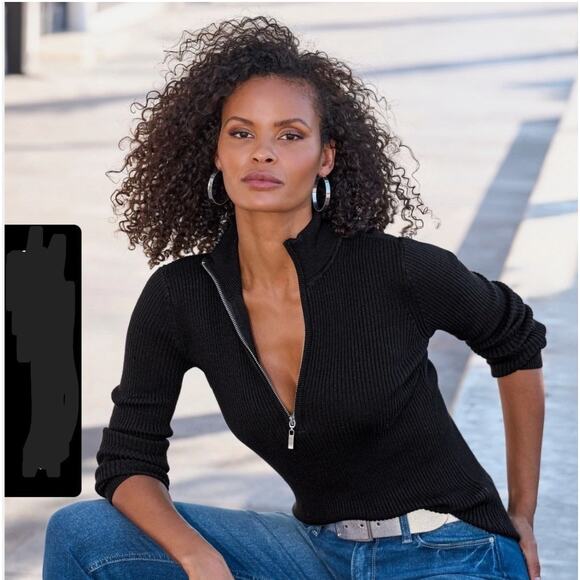 Boston Proper Sweater Sz Sm Black Ribbed Knit Quarter Zip Mock Neck Pullover - Picture 2 of 12